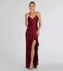 Sleeveless V-neck elastic thin shoulder straps, backless cross straps, slim fit corset with front slit, ruffle edge and floor Prom Dresses