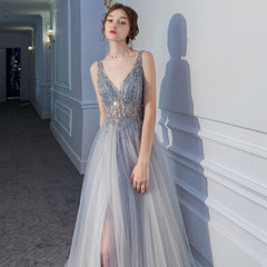 Sliver Grey Beaded Tulle V-neckline Long Evening Dress with Leg Slit, Tulle Prom Dress Party Dress