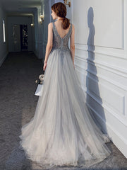 Sliver Grey Beaded Tulle V-neckline Long Evening Dress with Leg Slit, Tulle Prom Dress Party Dress