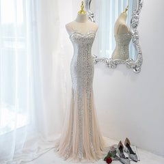 Sliver Sequins Mermaid Straps Long Evening Gown Prom Dress, Long Party Dress Formal Dresses