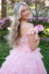 3D Floral Lace Off-the-Shoulder Ruffle Tiered Prom Gown