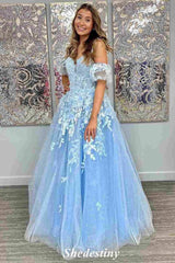 Glitter Applique Light Blue Sweetheart Prom Dress with Detachable Sleeves