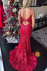 Red Spaghetti Straps Mermaid Sequin Applique Prom Dress