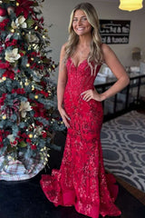 Red Spaghetti Straps Mermaid Sequin Applique Prom Dress