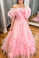 Rosette Pink Off-Shoulder A-Line Tulle Ball Gown with Rose Petals