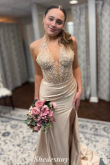 Rhinestone Halter V-Neck Royal Blue Mermaid Slit Prom Dress