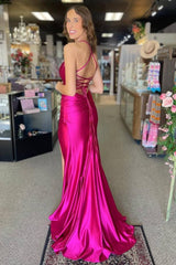 Lace-Up Magenta Satin Mermaid Elegant Prom Dress with Slit