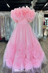 Rosette Pink Off-Shoulder A-Line Tulle Ball Gown with Rose Petals