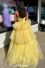 Light Yellow Plunging V-Neck A-Line Layered Tulle Ball Gown