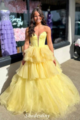 Light Yellow Plunging V-Neck A-Line Layered Tulle Ball Gown