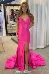 Slit Fuchsia V-Neck Mermaid Sweeping Train Prom Dress with Corset
