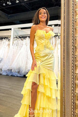 Ethereal Yellow Spaghetti Straps Mermaid Tiered Prom Dress
