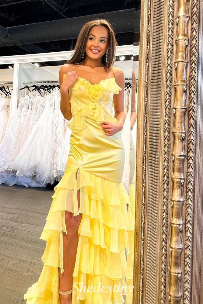 Ethereal Yellow Spaghetti Straps Mermaid Tiered Prom Dress