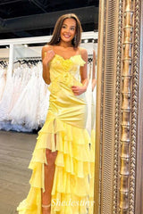 Ethereal Yellow Spaghetti Straps Mermaid Tiered Prom Dress