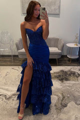 Red Strapless V-Neck Mermaid Pleated Layered Long Prom Dress with Slit