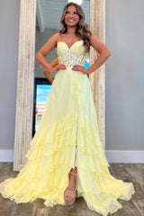 A-Line Strapless V-Neck Empire-Waist Ruffles Chiffon Long Prom Dress