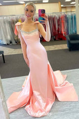 Rhinestone Straps Mermaid Light Pink Prom Dress with Train