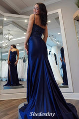 Elegant V-Neck Sequin Navy Blue Mermaid Slit Prom Dress