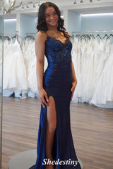 Elegant V-Neck Sequin Navy Blue Mermaid Slit Prom Dress
