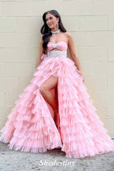 Blush Strapless Corset A-Line Layered Fitted Prom Dress with Slit