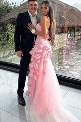 Pink Strapless A-Line 3D Flower Side Slit Long Prom Formal Dress
