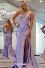 Rhinestone Halter V-Neck Royal Blue Mermaid Slit Prom Dress
