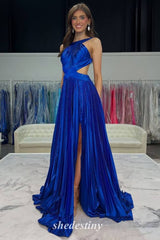 Stunning Red Backless Pleated Halter Prom Dress with Cutout Slit