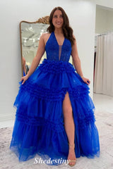 Plunging V-Neck A-Line Mist Layered Halter Prom Dress with Slit