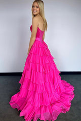 A-Line Strapless V-Neck Tiered Empire-Waist Long Prom Dress
