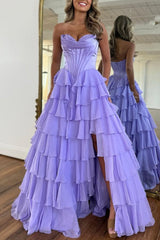A-Line Strapless V-Neck Tiered Empire-Waist Long Prom Dress