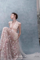 Soft Pink Handmade Flowers Tulle Halter Backless Spring Prom Dresses, CP0977