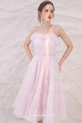 Soft Pink Ruffles Tulle Spaghetti Strap A-line Tea Length Party Dresses, CH0058