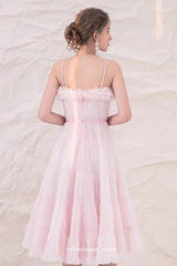 Soft Pink Ruffles Tulle Spaghetti Strap A-line Tea Length Party Dresses, CH0058