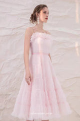 Soft Pink Ruffles Tulle Spaghetti Strap A-line Tea Length Party Dresses, CH0058