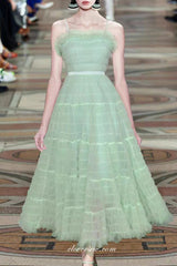 Soft Pink Ruffles Tulle Spaghetti Strap A-line Tea Length Party Dresses, CH0058