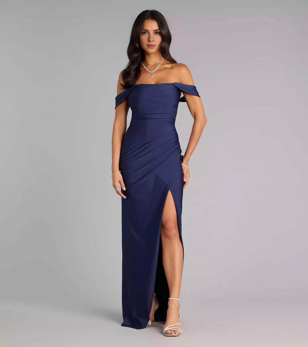 Soft and close fitting off shoulder collar with high slit, back zipper, close fitting contour and floor skirt Prom Dresses