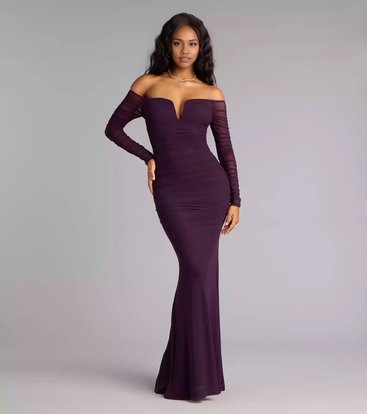 Soft and smooth chiffon pleated off shoulder slim fit back zipper pleated mermaid silhouette and floor Prom Dresses