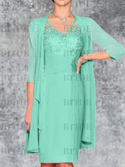 Two Piece Ruffle Chiffon Mother of the Bride Outfit Lace Short Wedding Guest Dress