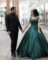 Spaghetti Straps Lace Flowers Embroidery Satin Ball Gowns Floor Length Engagement Dress