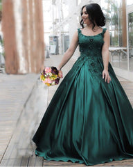 Spaghetti Straps Lace Flowers Embroidery Satin Ball Gowns Floor Length Engagement Dress