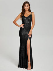 Trumpet/Mermaid V-Neck Sequins Prom Dresses With Split