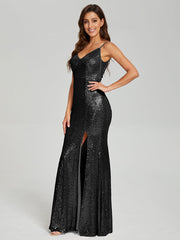 Trumpet/Mermaid V-Neck Sequins Prom Dresses With Split