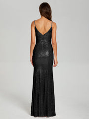 Trumpet/Mermaid V-Neck Sequins Prom Dresses With Split