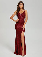 Trumpet/Mermaid V-Neck Sequins Prom Dresses With Split