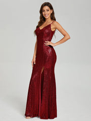 Trumpet/Mermaid V-Neck Sequins Prom Dresses With Split