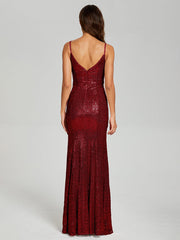 Trumpet/Mermaid V-Neck Sequins Prom Dresses With Split