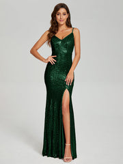 Trumpet/Mermaid V-Neck Sequins Prom Dresses With Split