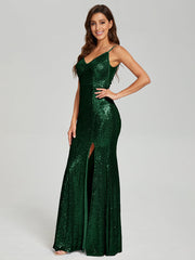 Trumpet/Mermaid V-Neck Sequins Prom Dresses With Split
