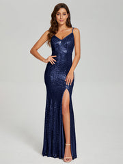 Trumpet/Mermaid V-Neck Sequins Prom Dresses With Split