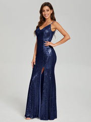 Trumpet/Mermaid V-Neck Sequins Prom Dresses With Split